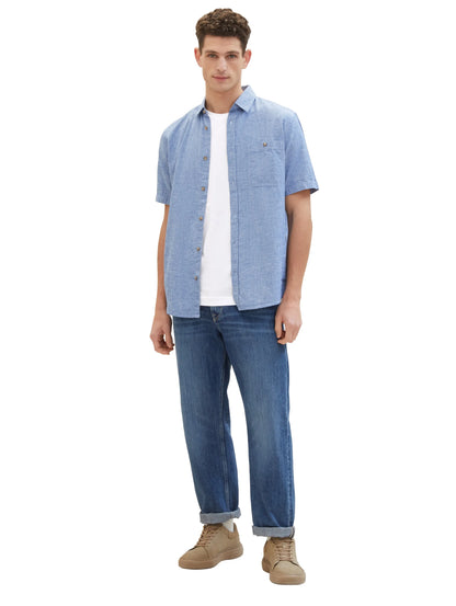 Tom Tailor Leasure Blue Chambray Men Regular Short-Sleeved Shirt SKU: 1042351_34922 Image 02