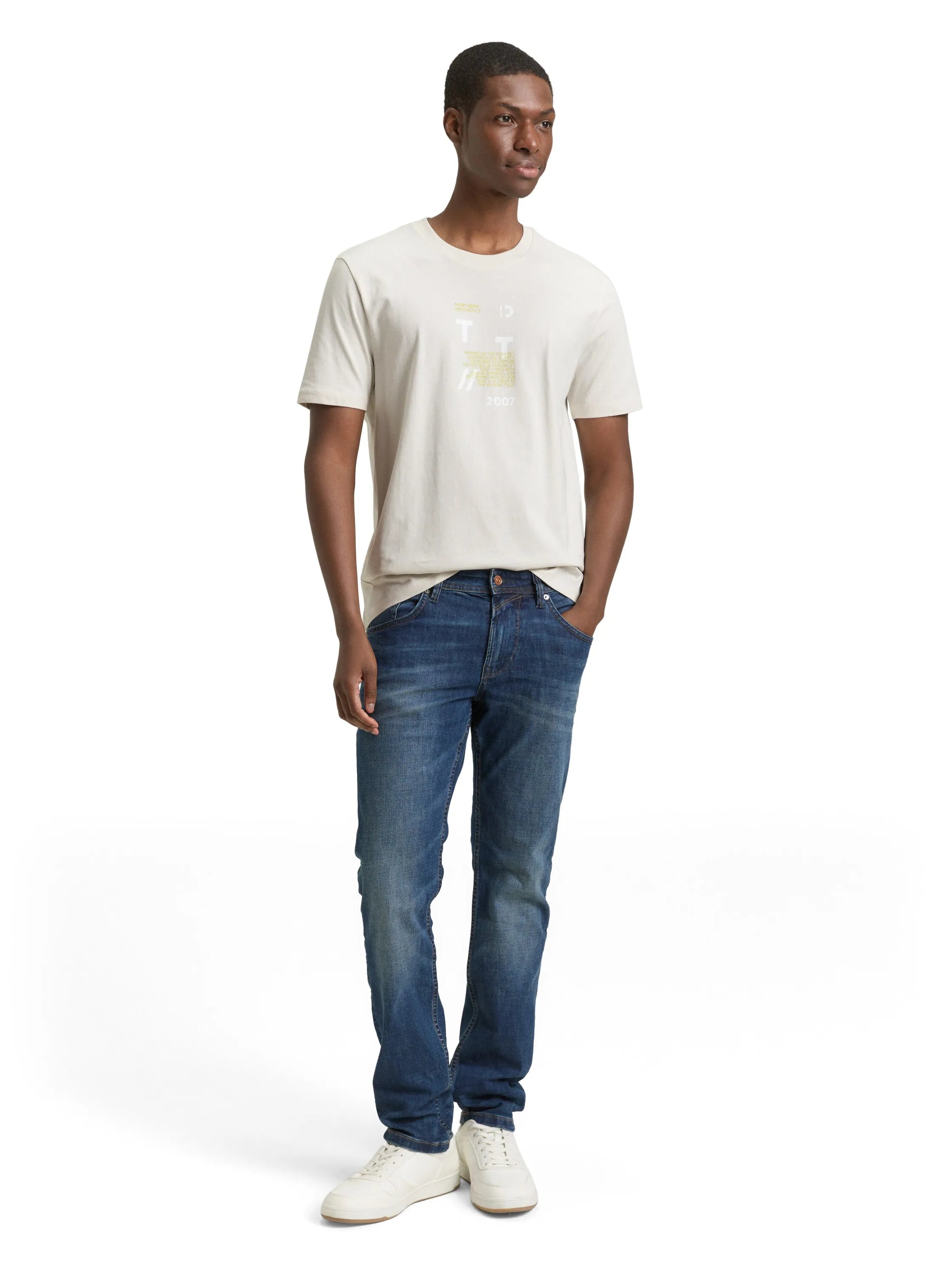 Denim Tom Tailor Greyish White Men Basic T-Shirt with Logo Print SKU: 1043491_32257 Image 01