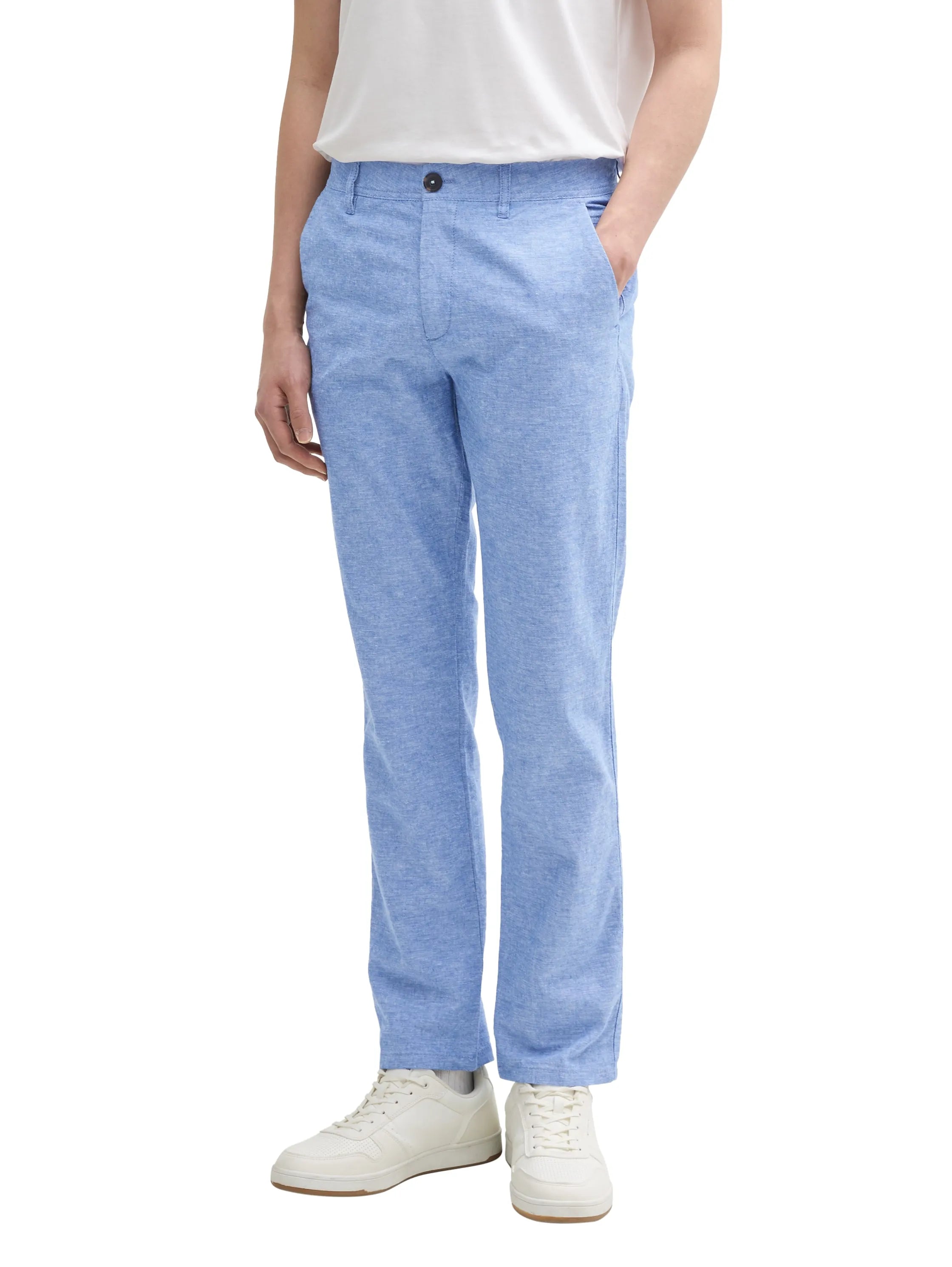 Tom Tailor Sapphire Blue Chambray Men Regular Chino Trousers with Linen Content SKU: 1044713_37199 Image 01