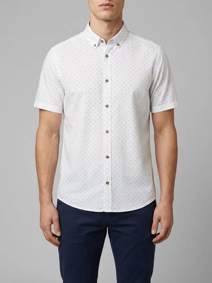 Tom Tailor White Dot Design Men Regular Fit Short-Sleeved Shirt with Linen Content in a Polka Dot Pattern SKU: 1045099_37330 Image 00