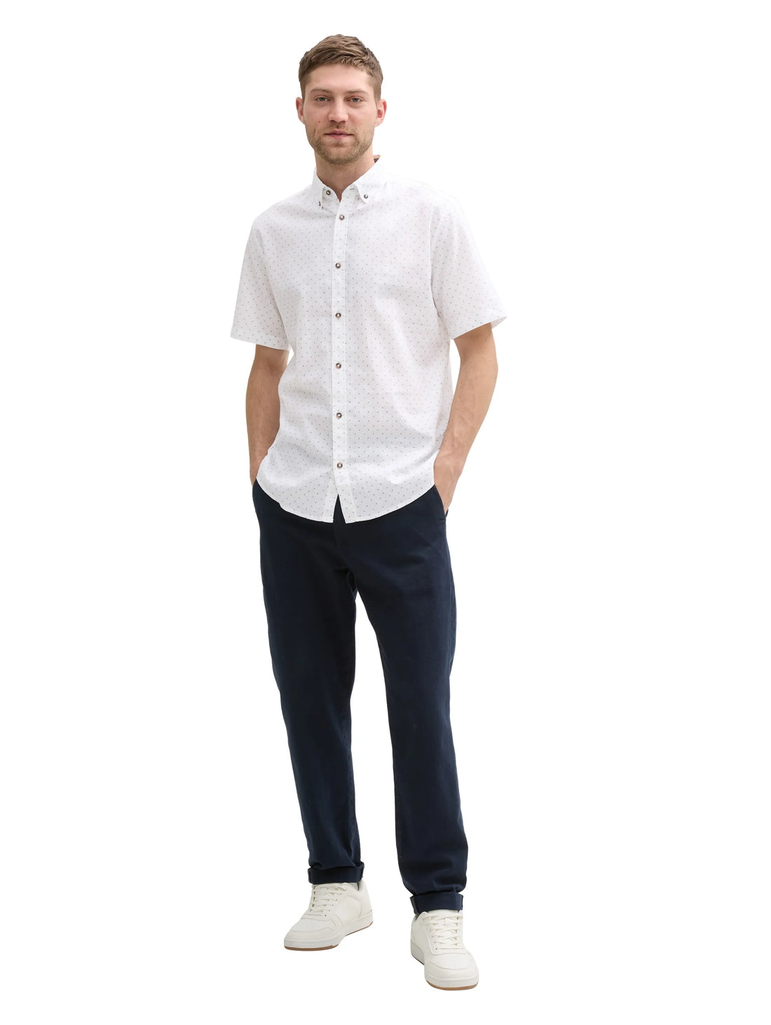 Tom Tailor White Dot Design Men Regular Fit Short-Sleeved Shirt with Linen Content in a Polka Dot Pattern SKU: 1045099_37330 Image 01