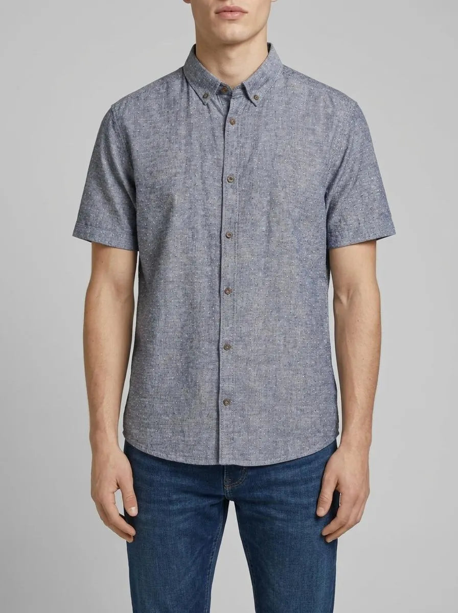 Tom Tailor Navy Chambray Dot Design Men Regular Fit Short-Sleeved Shirt with Linen Content in a Polka Dot Pattern SKU: 1045099_37332 Image 00