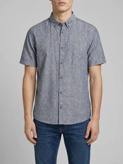Tom Tailor Navy Chambray Dot Design Men Regular Fit Short-Sleeved Shirt with Linen Content in a Polka Dot Pattern SKU: 1045099_37332 Image 00