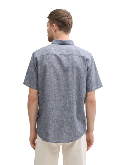 Tom Tailor Navy Chambray Dot Design Men Regular Fit Short-Sleeved Shirt with Linen Content in a Polka Dot Pattern SKU: 1045099_37332 Image 02
