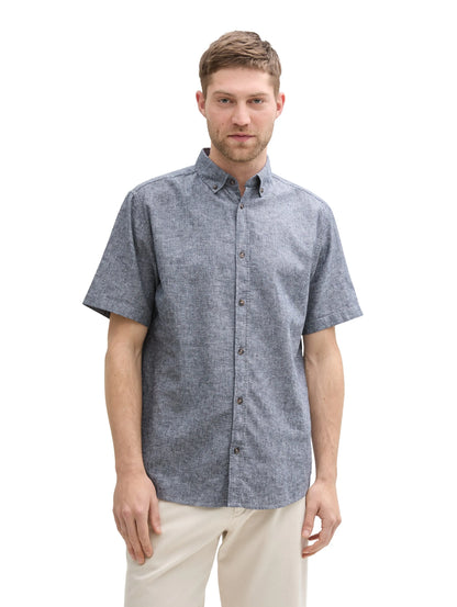 Tom Tailor Navy Chambray Dot Design Men Regular Fit Short-Sleeved Shirt with Linen Content in a Polka Dot Pattern SKU: 1045099_37332 Image 03
