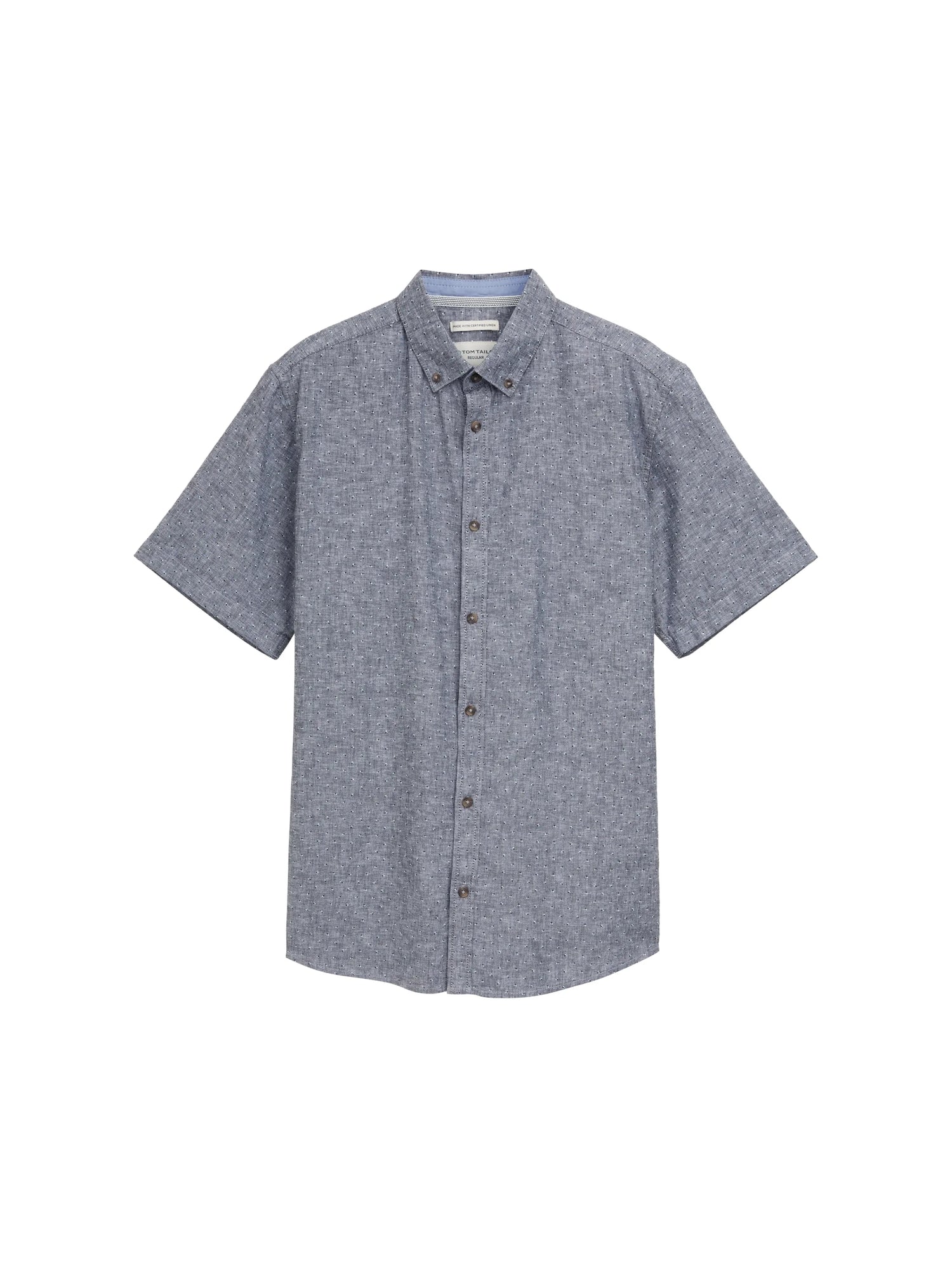 Tom Tailor Navy Chambray Dot Design Men Regular Fit Short-Sleeved Shirt with Linen Content in a Polka Dot Pattern SKU: 1045099_37332 Image 06
