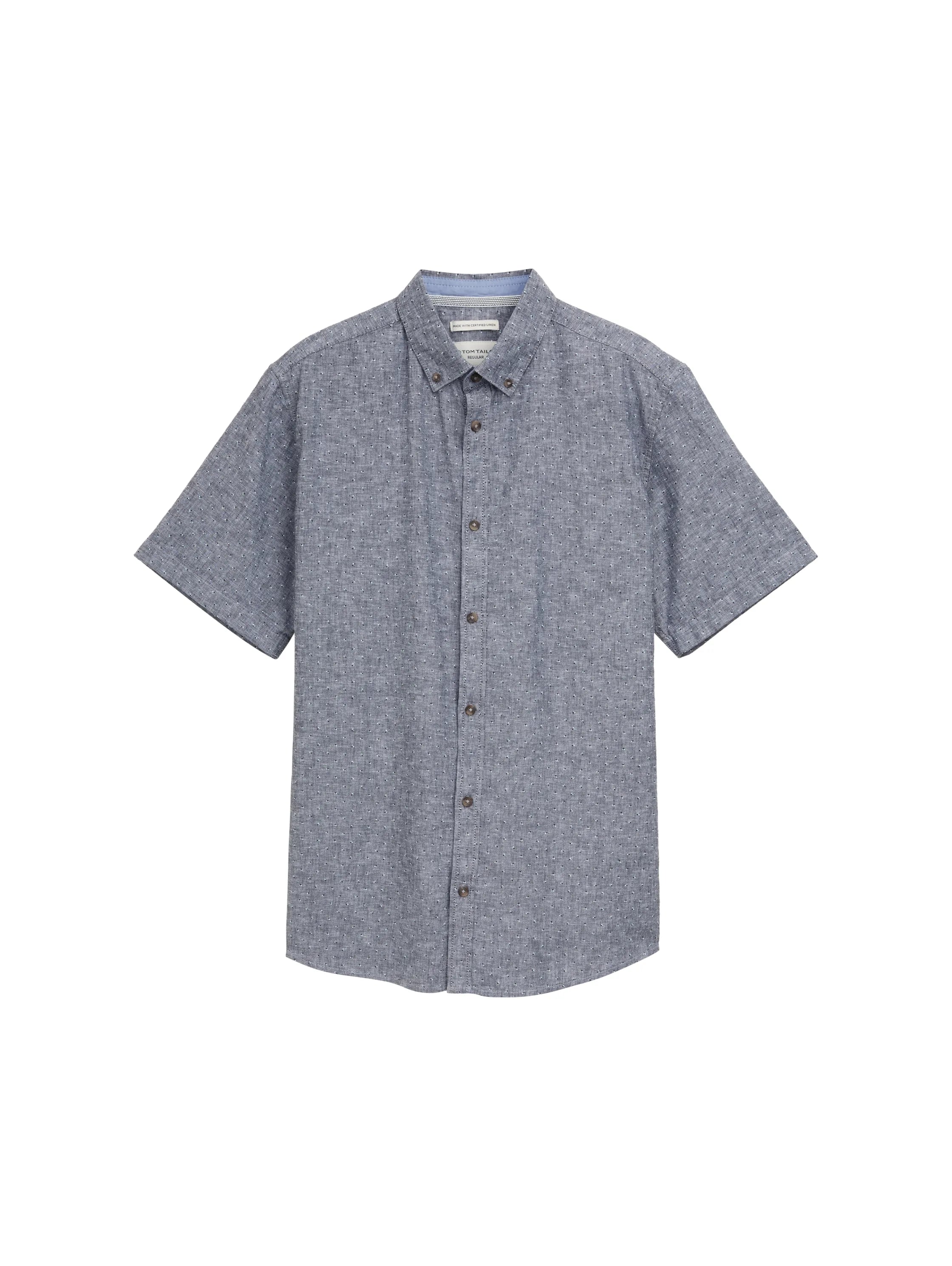 Tom Tailor Navy Chambray Dot Design Men Regular Fit Short-Sleeved Shirt with Linen Content in a Polka Dot Pattern SKU: 1045099_37332 Image 06