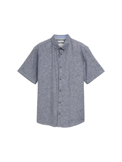 Tom Tailor Navy Chambray Dot Design Men Regular Fit Short-Sleeved Shirt with Linen Content in a Polka Dot Pattern SKU: 1045099_37332 Image 06