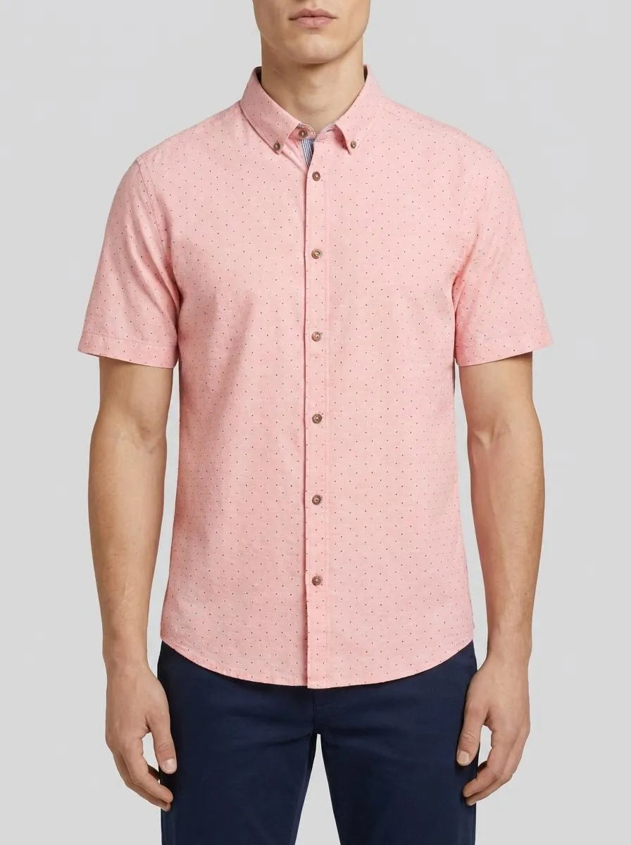 Tom Tailor Coral Dot Design Men Regular Fit Short-Sleeved Shirt with Linen Content in a Polka Dot Pattern SKU: 1045099_37333 Image 00