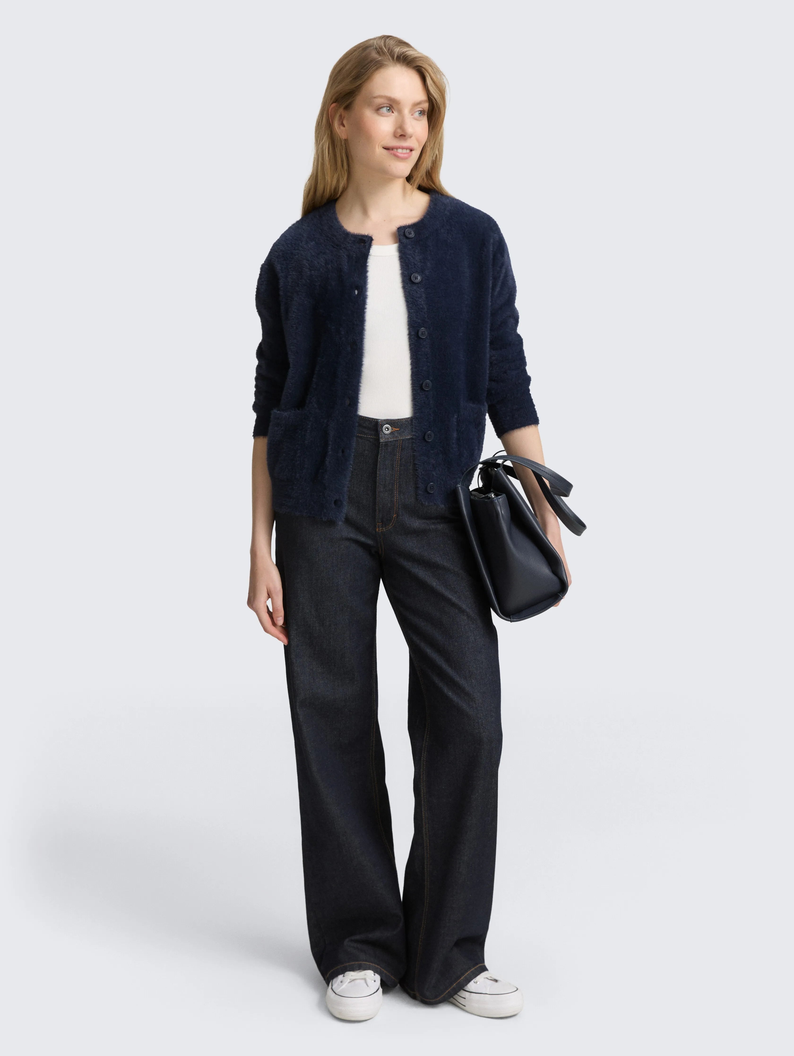 Tom Tailor_Black_Feather Yarn Cardigan with Button Placket_1048318_11019_01