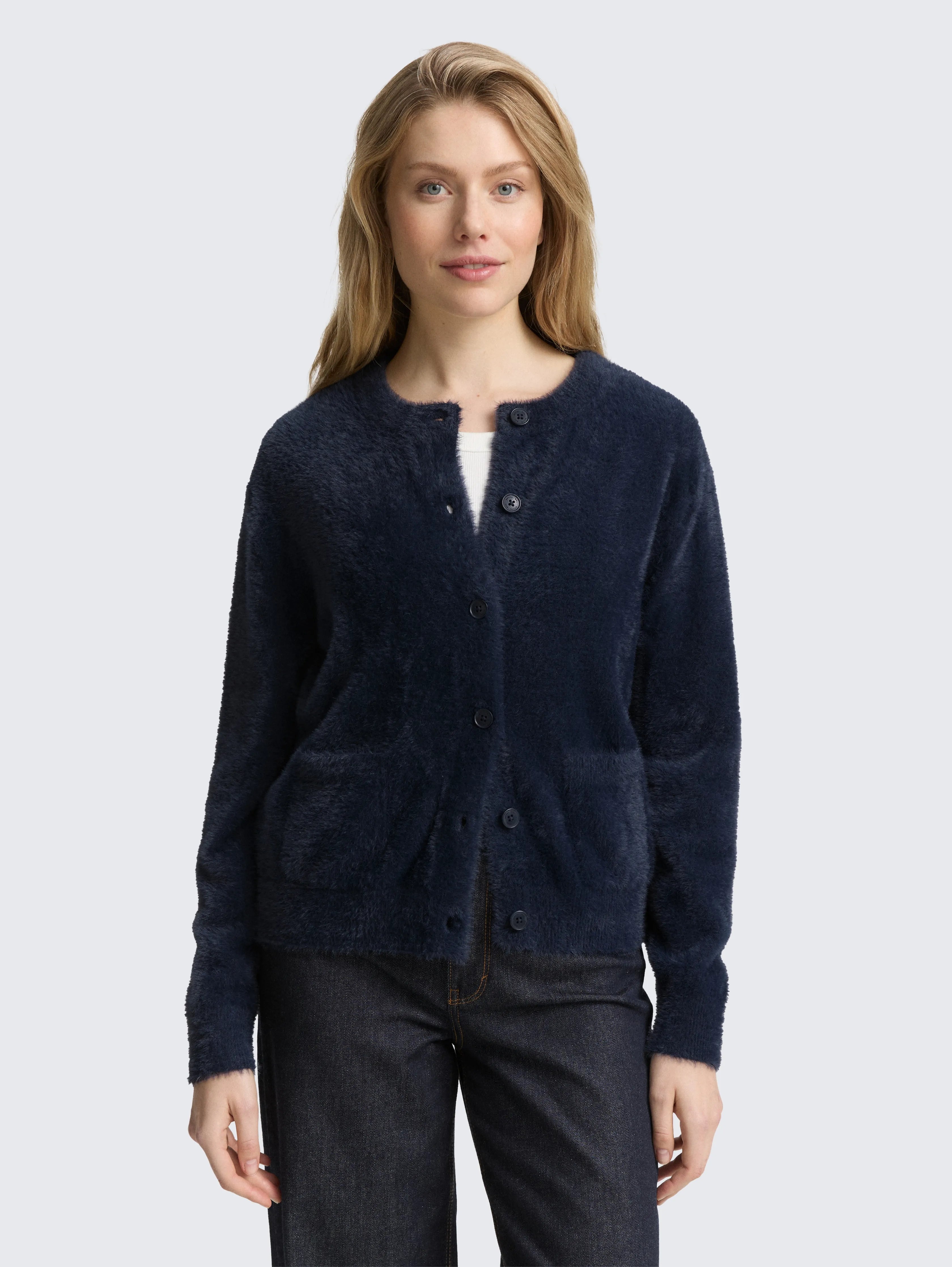 Tom Tailor_Black_Feather Yarn Cardigan with Button Placket_1048318_11019_02