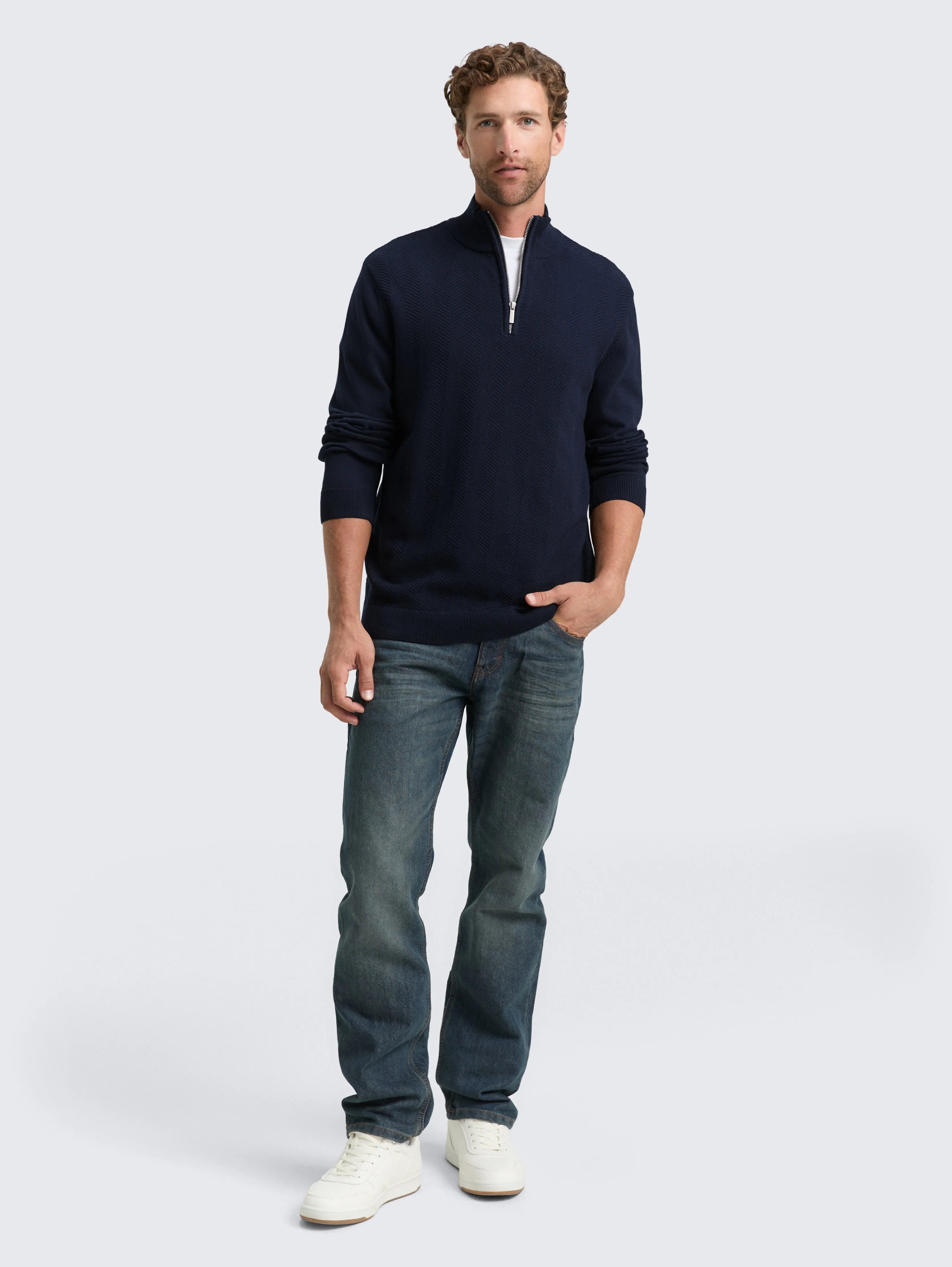 Tom Tailor_Beige_Troyer Knit Jumper with Herringbone Texture_1048722_10668_01