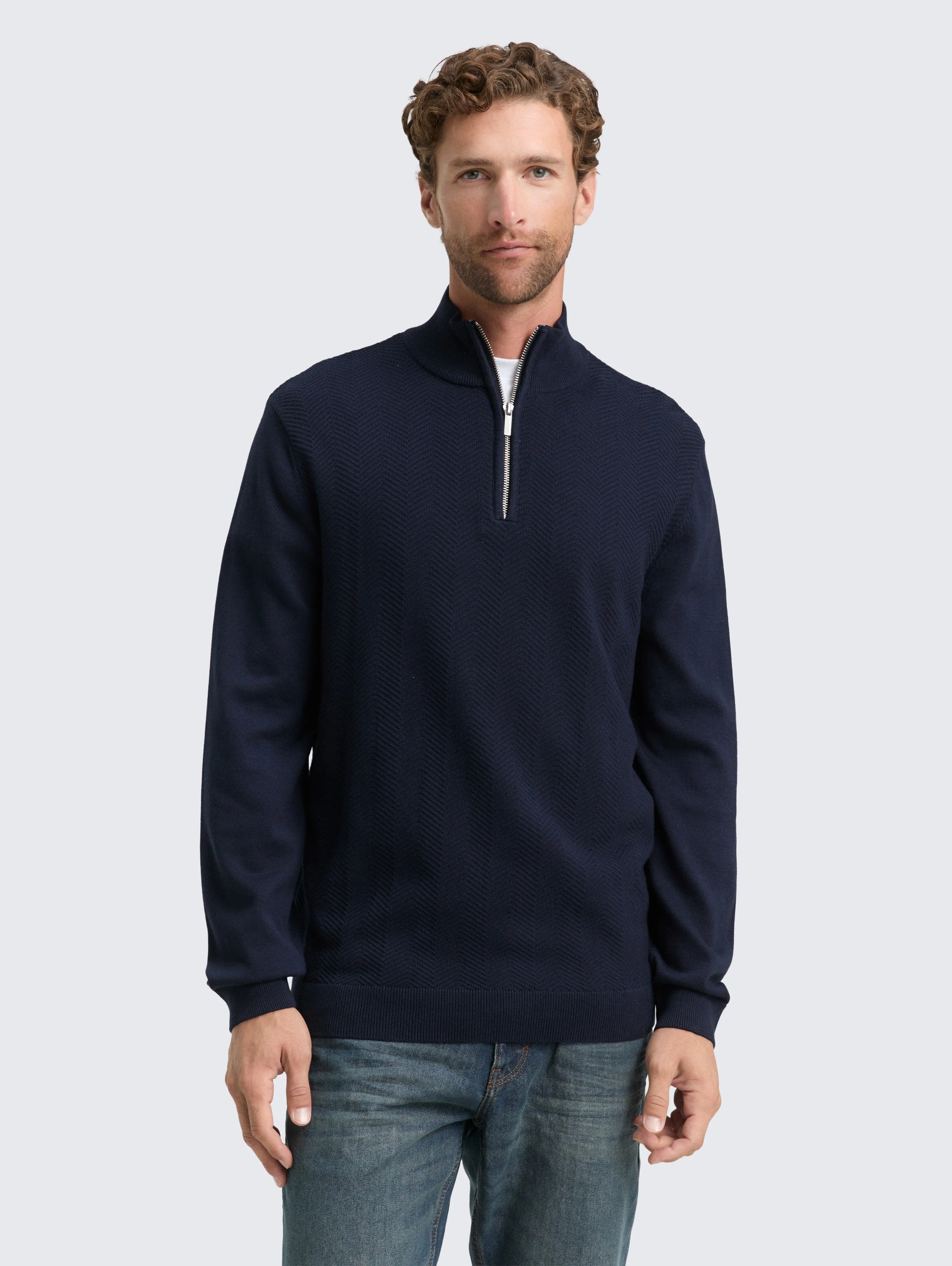 Tom Tailor_Beige_Troyer Knit Jumper with Herringbone Texture_1048722_10668_02