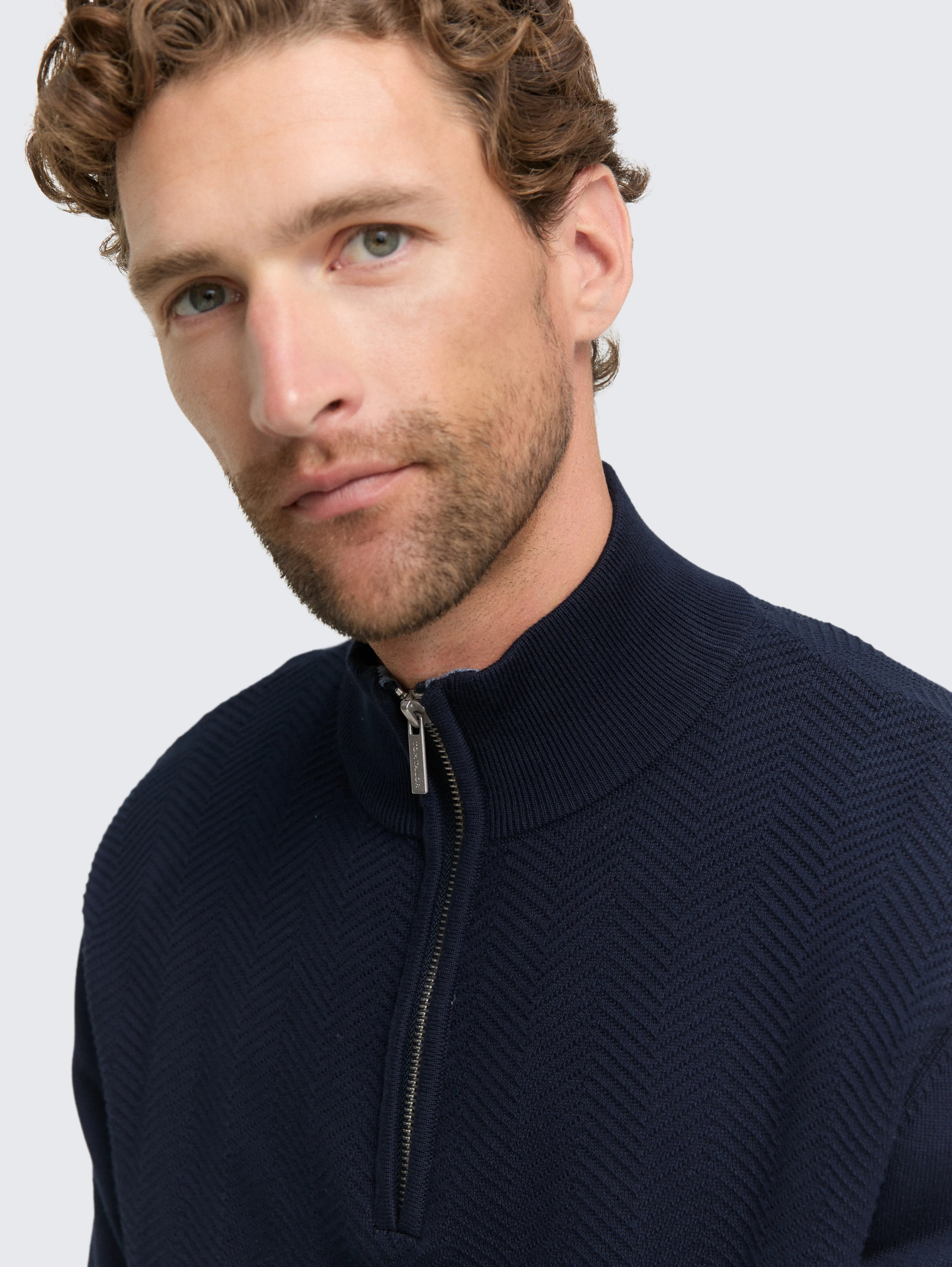 Tom Tailor_Beige_Troyer Knit Jumper with Herringbone Texture_1048722_10668_05