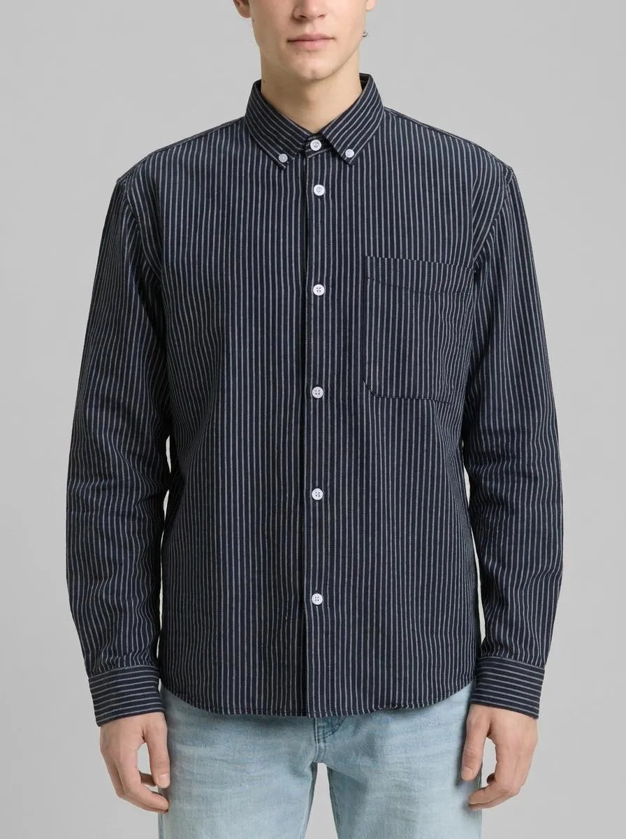 Denim Tom Tailor Navy Blue Stripe Men Relaxed Fit Cotton Shirt SKU: 1049377_39056 Image 00
