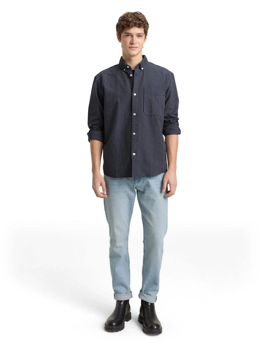 Denim Tom Tailor Navy Blue Stripe Men Relaxed Fit Cotton Shirt SKU: 1049377_39056 Image 01