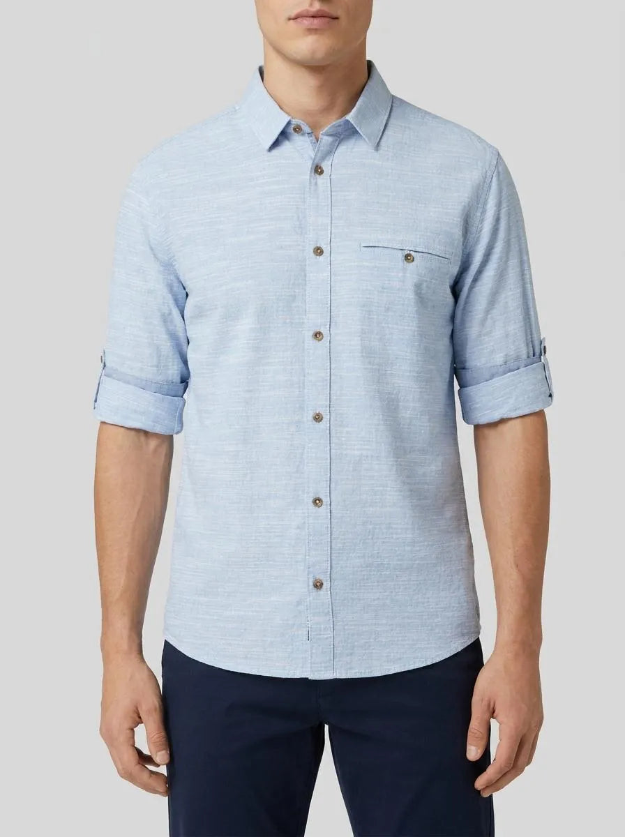 Tom Tailor Blue Petrol Structure Men Regular-Fit Shirt with Turn-Up Feature SKU: 1049578_39537 Image 00