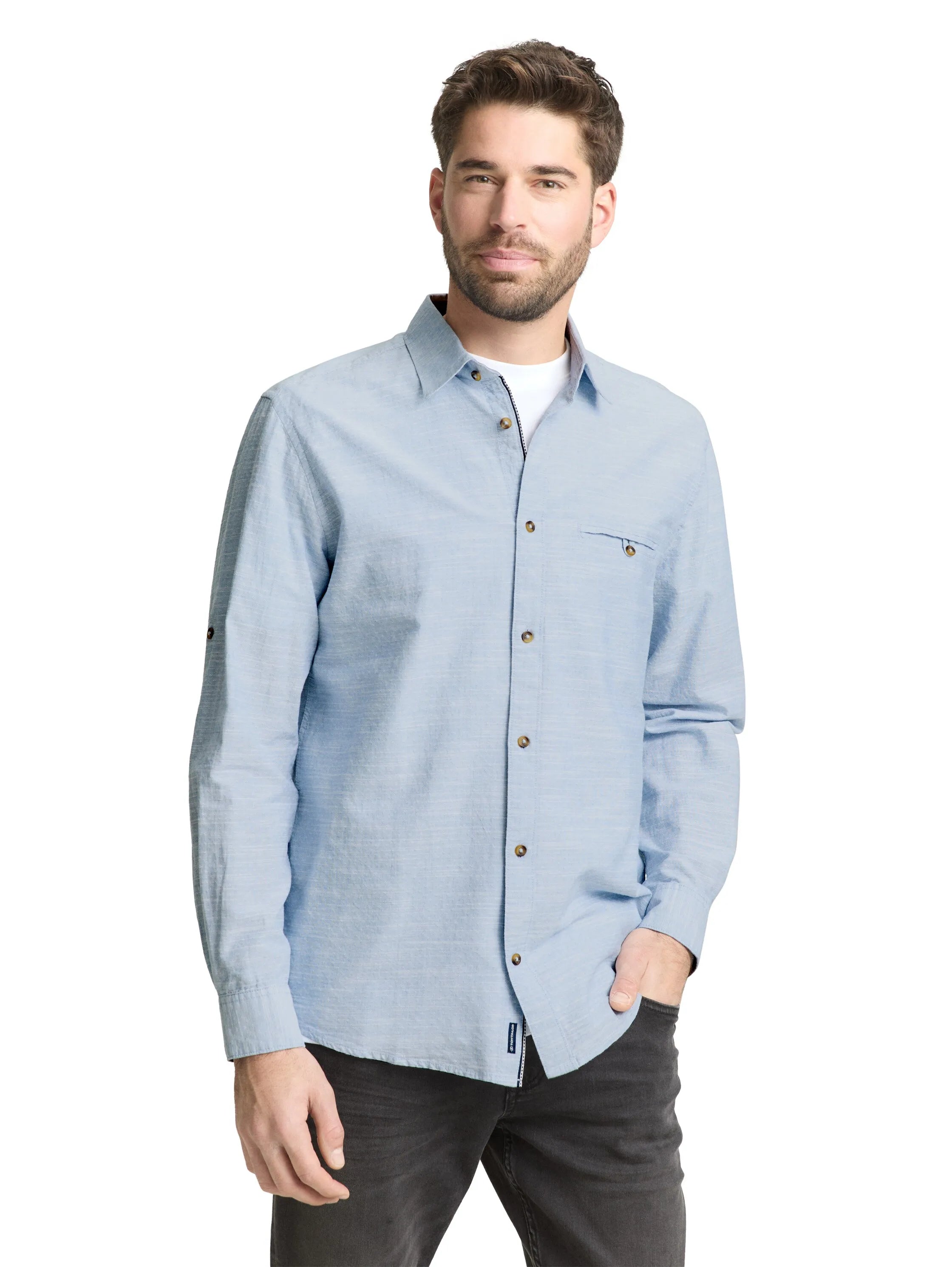Tom Tailor Blue Petrol Structure Men Regular-Fit Shirt with Turn-Up Feature SKU: 1049578_39537 Image 03