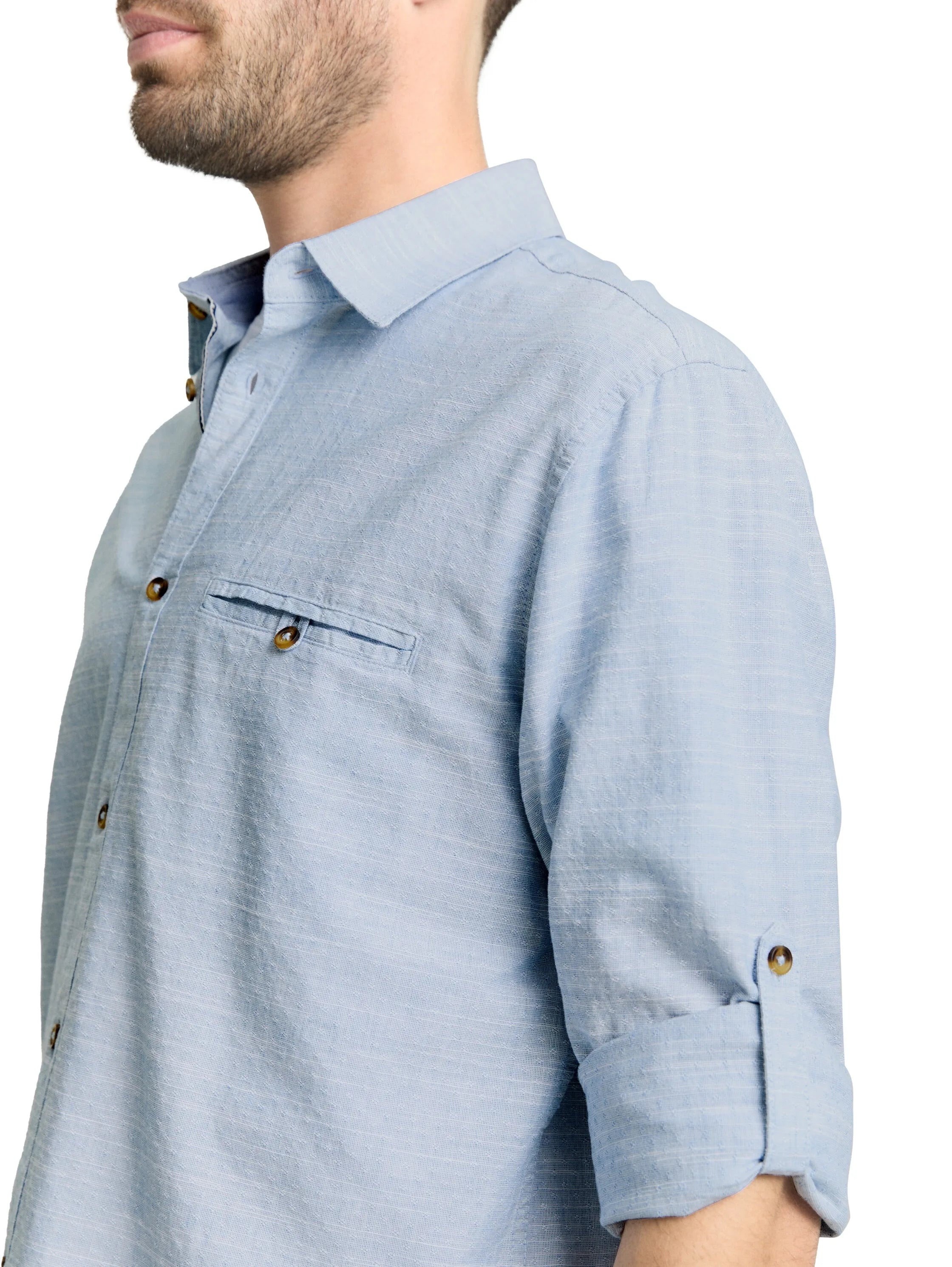 Tom Tailor Blue Petrol Structure Men Regular-Fit Shirt with Turn-Up Feature SKU: 1049578_39537 Image 04