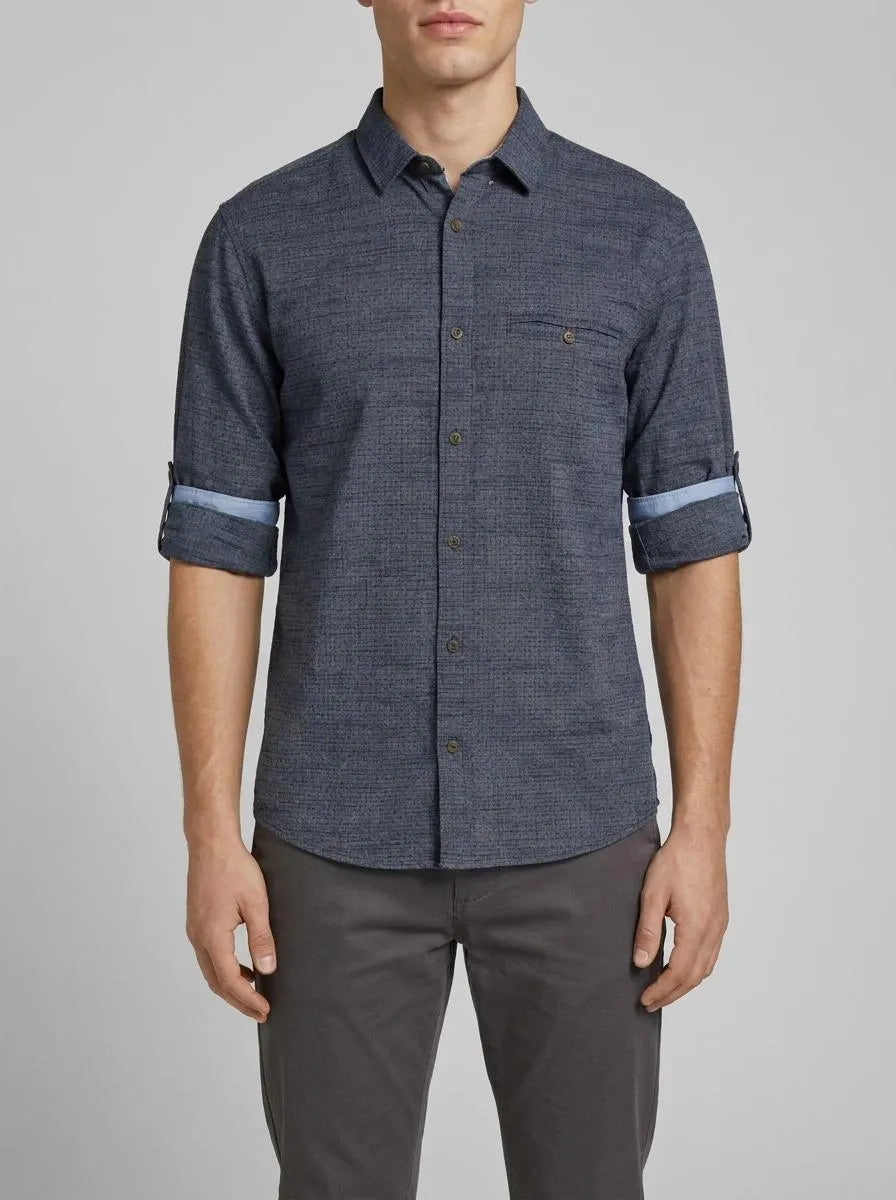 Tom Tailor Navy Blue Structure Men Regular-Fit Shirt with Turn-Up Feature SKU: 1049578_39539 Image 00