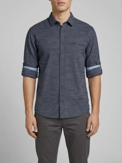Tom Tailor Navy Blue Structure Men Regular-Fit Shirt with Turn-Up Feature SKU: 1049578_39539 Image 00