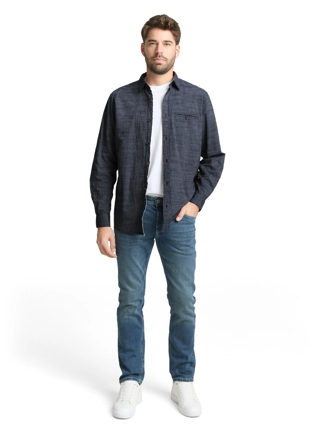 Tom Tailor Navy Blue Structure Men Regular-Fit Shirt with Turn-Up Feature SKU: 1049578_39539 Image 01