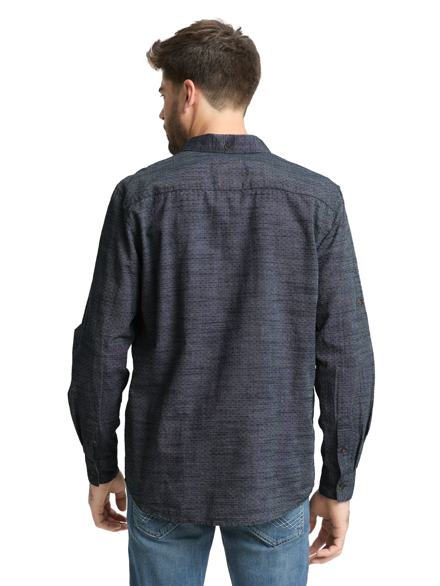 Tom Tailor Navy Blue Structure Men Regular-Fit Shirt with Turn-Up Feature SKU: 1049578_39539 Image 02
