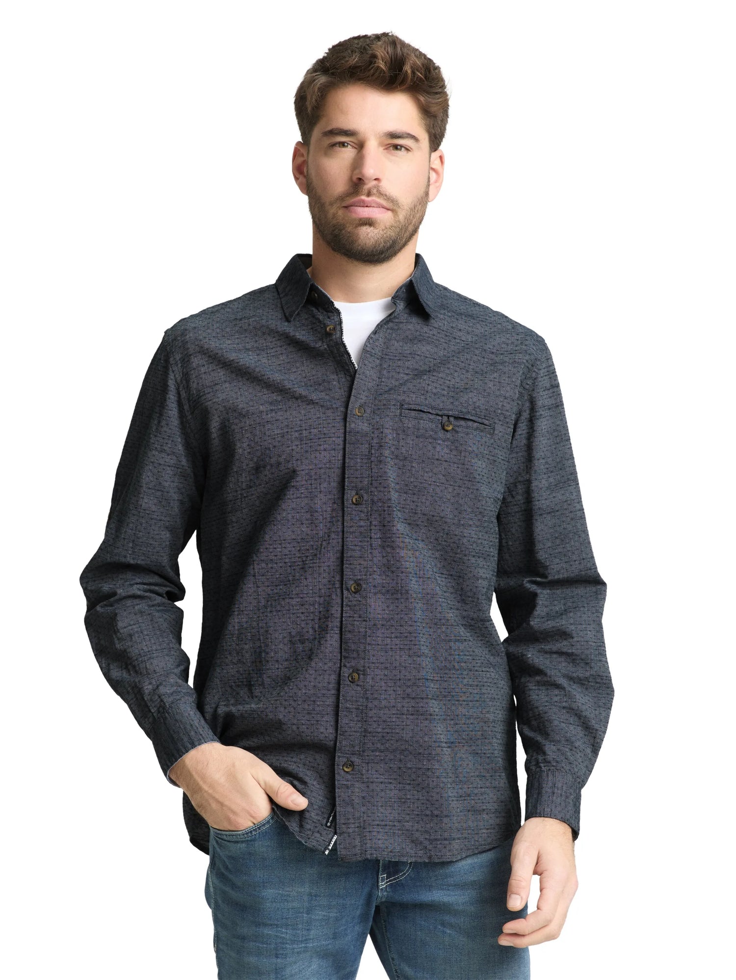 Tom Tailor Navy Blue Structure Men Regular-Fit Shirt with Turn-Up Feature SKU: 1049578_39539 Image 04