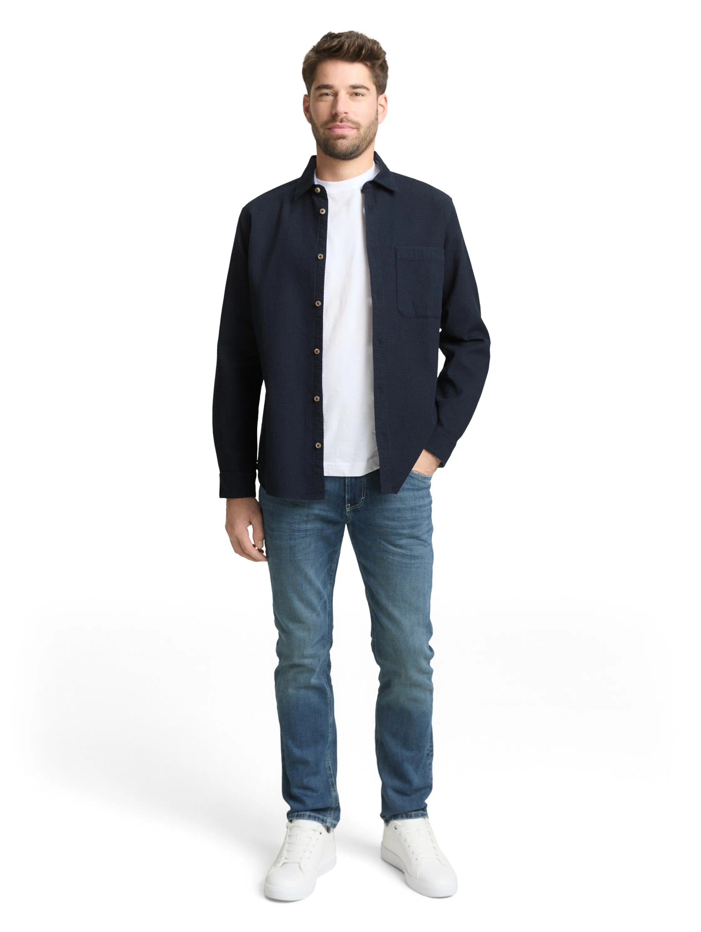 Tom Tailor Sky Captain Blue Men Regular Fit Shirt with Waffle Texture SKU: 1049588_10668 Image 01