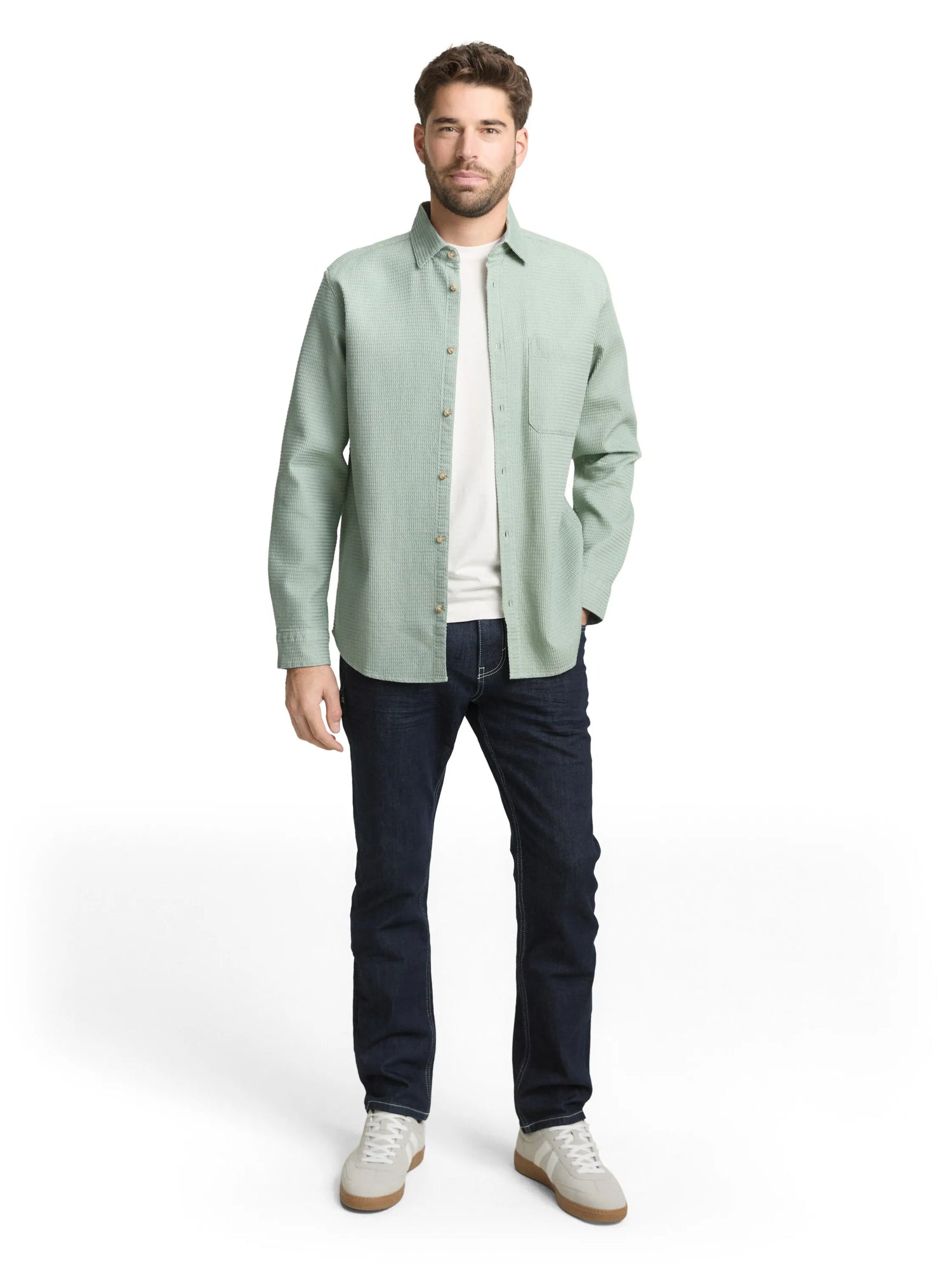Tom Tailor Soft Greyish Green Men Regular Fit Shirt with Waffle Texture SKU: 1049588_12792 Image 01