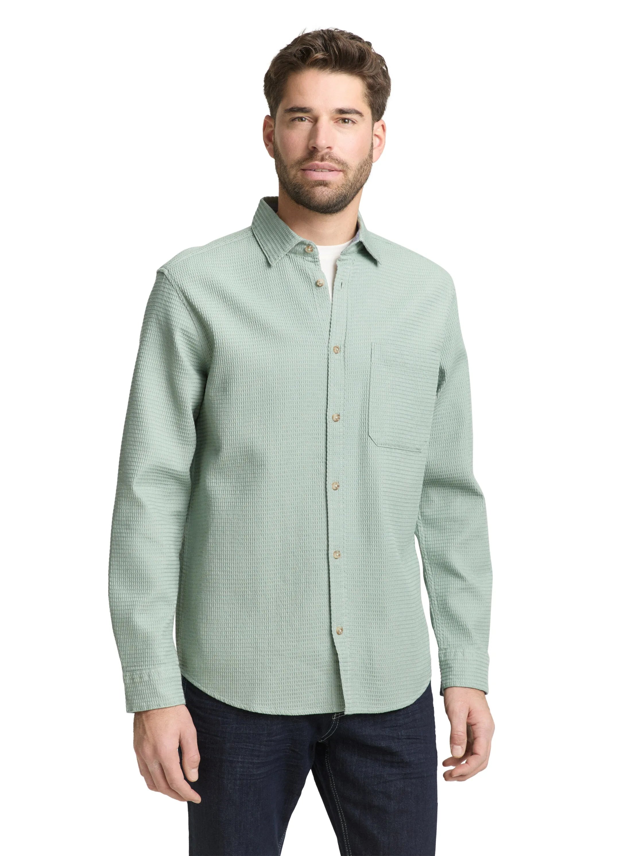 Tom Tailor Soft Greyish Green Men Regular Fit Shirt with Waffle Texture SKU: 1049588_12792 Image 03