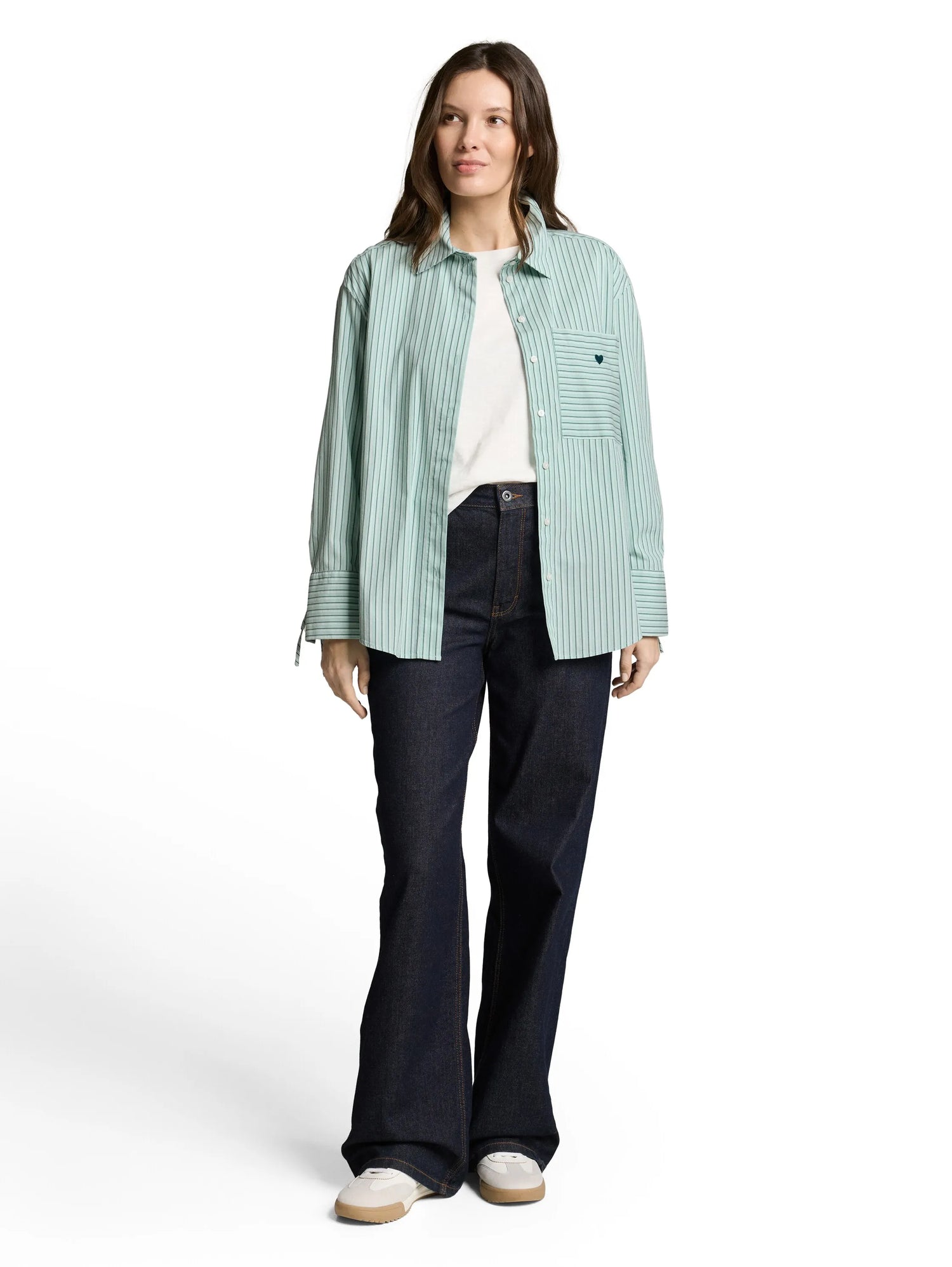 Tom Tailor Blue Haze Irregular Stripe Women Oversized Shirt Blouse with Heart Embroidery SKU: 1049800_39937 Image 01