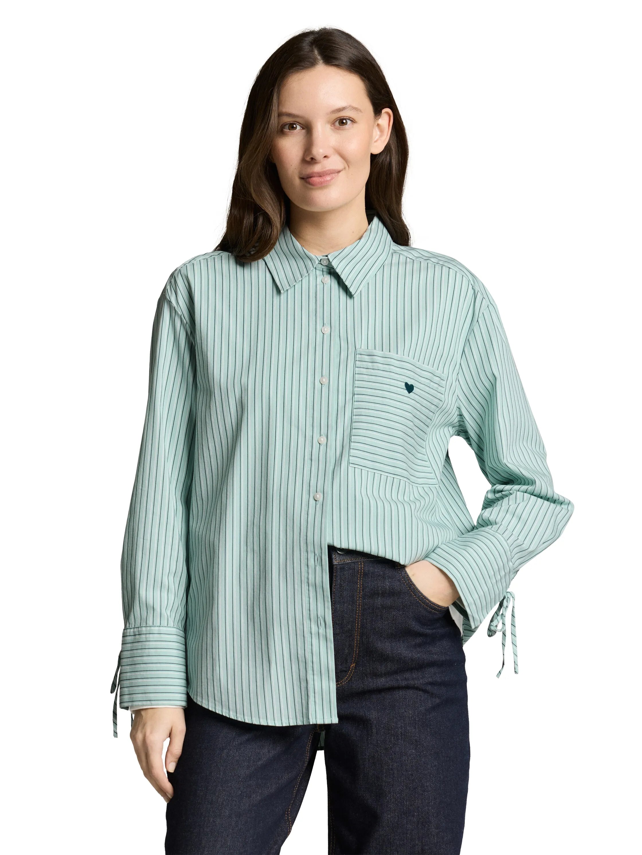 Tom Tailor Blue Haze Irregular Stripe Women Oversized Shirt Blouse with Heart Embroidery SKU: 1049800_39937 Image 04