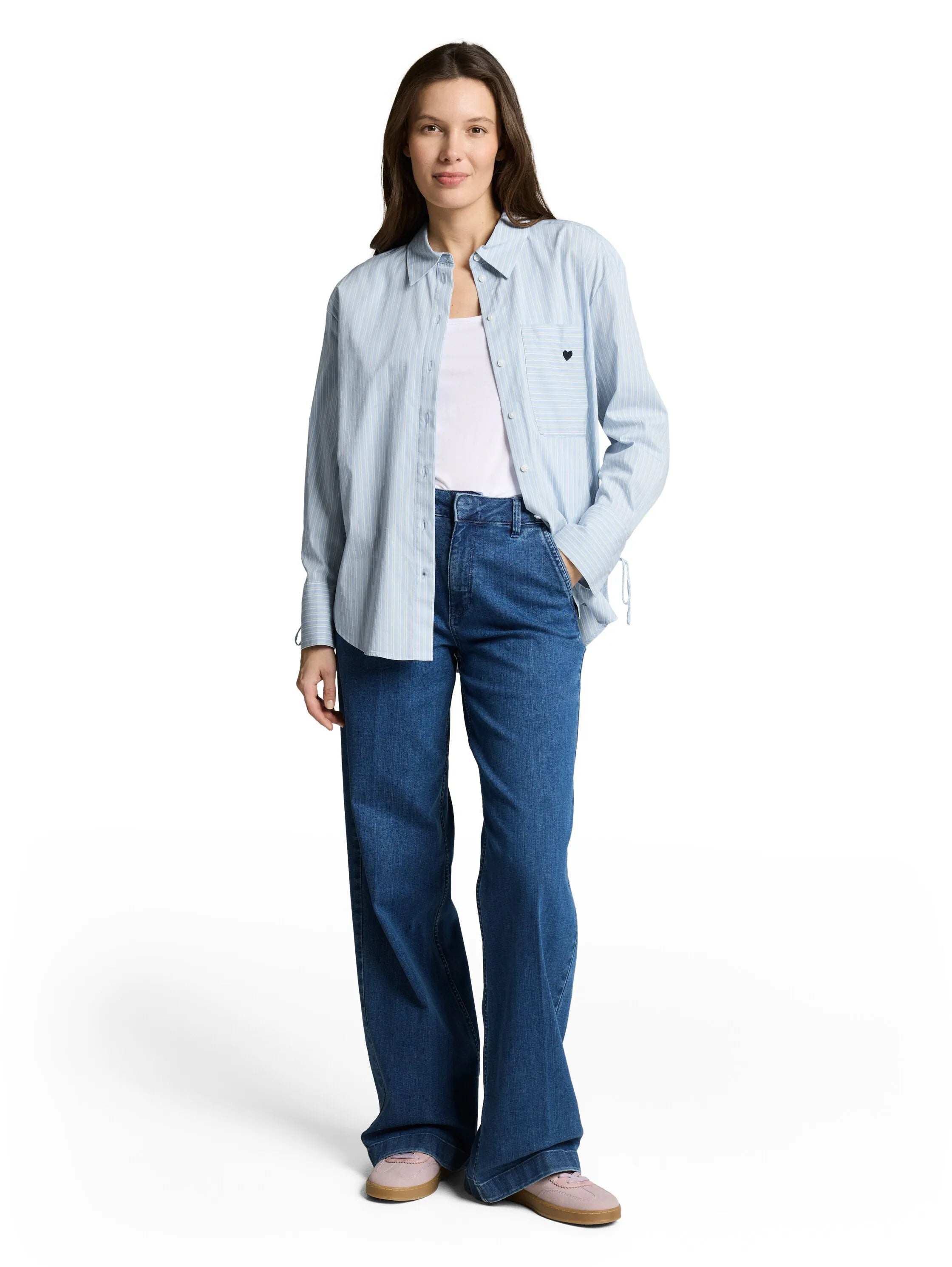 Tom Tailor Blue Irregular Stripe Women Oversized Shirt Blouse with Heart Embroidery SKU: 1049800_39938 Image 01
