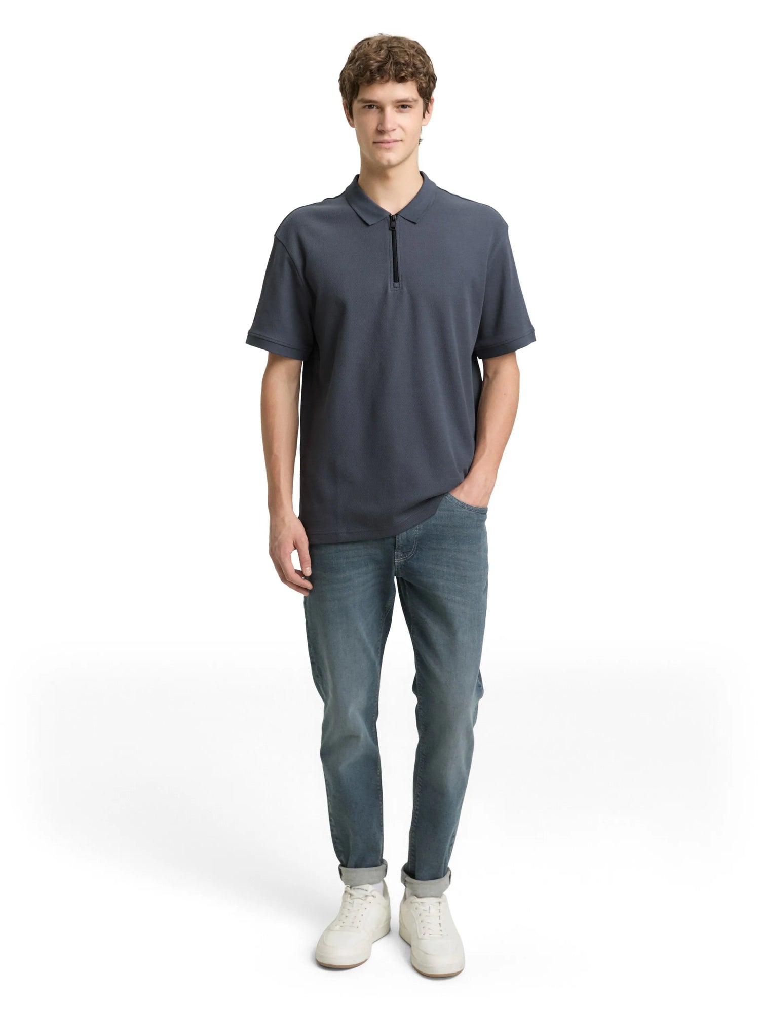 Denim Tom Tailor Urban Medium Grey Men Relaxed Fit Polo Shirt with Zip SKU: 1050294_21756 Image 01