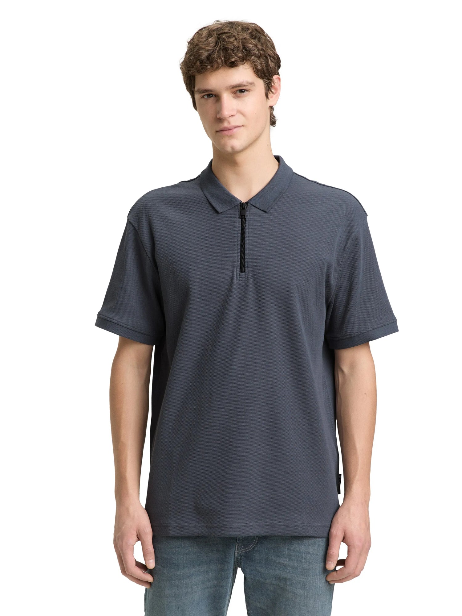 Denim Tom Tailor Urban Medium Grey Men Relaxed Fit Polo Shirt with Zip SKU: 1050294_21756 Image 04