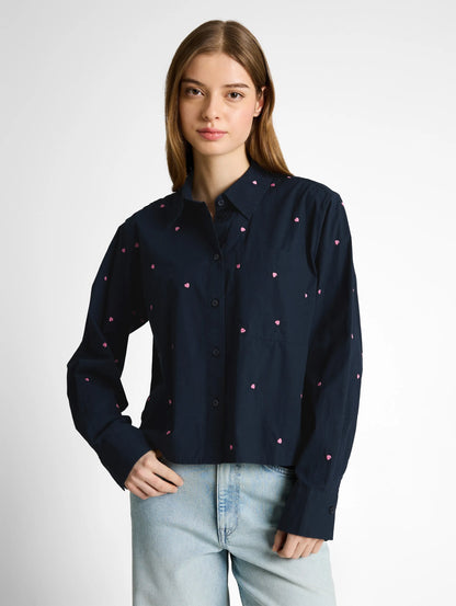 Denim Tom Tailor Navy Pink Heart Embroidery Women Boxy-Fit Shirt Blouse with Embroidery SKU: 1051835_40469 Image 04