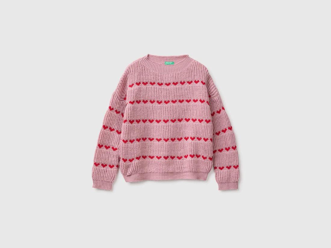 Benetton Pink Girls Sweater with Stripes of Hearts SKU: 1076Q106V_94E Image 01