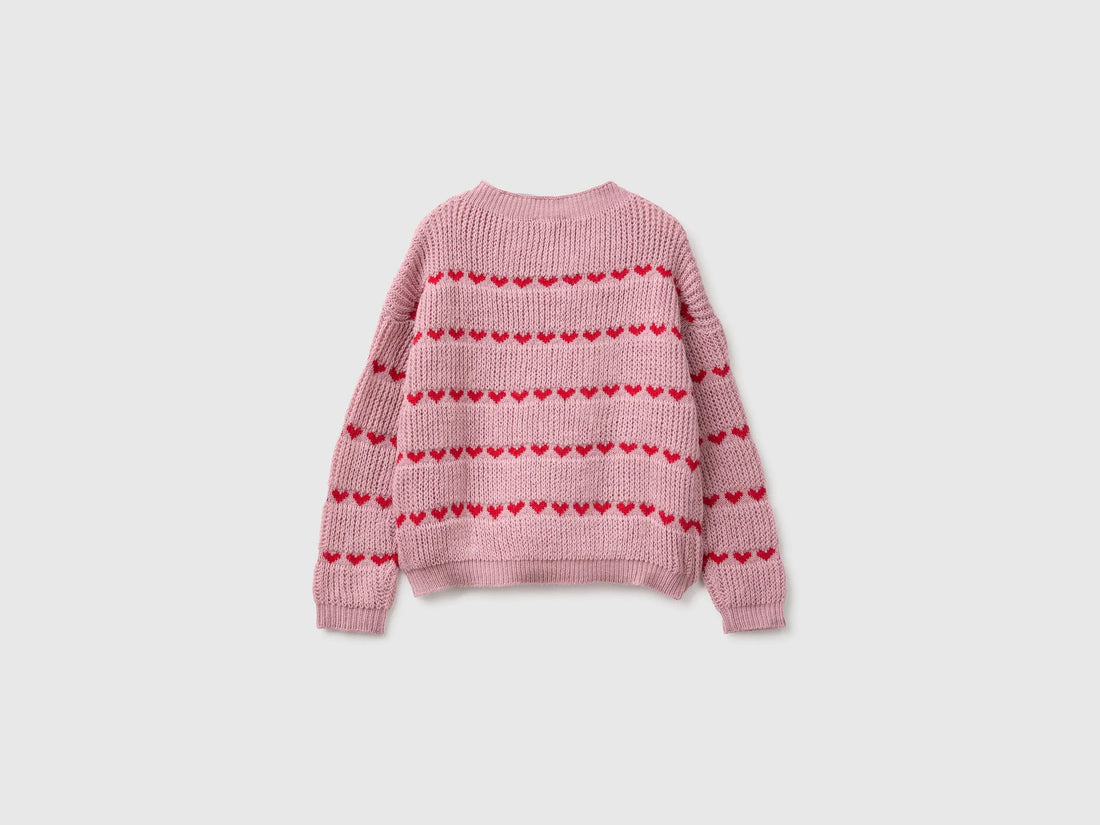 Benetton Pink Girls Sweater with Stripes of Hearts SKU: 1076Q106V_94E Image 02