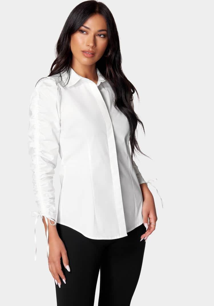 Ruched Sleeve Poplin Shirt_107874_WHITE ALYSSUM_02