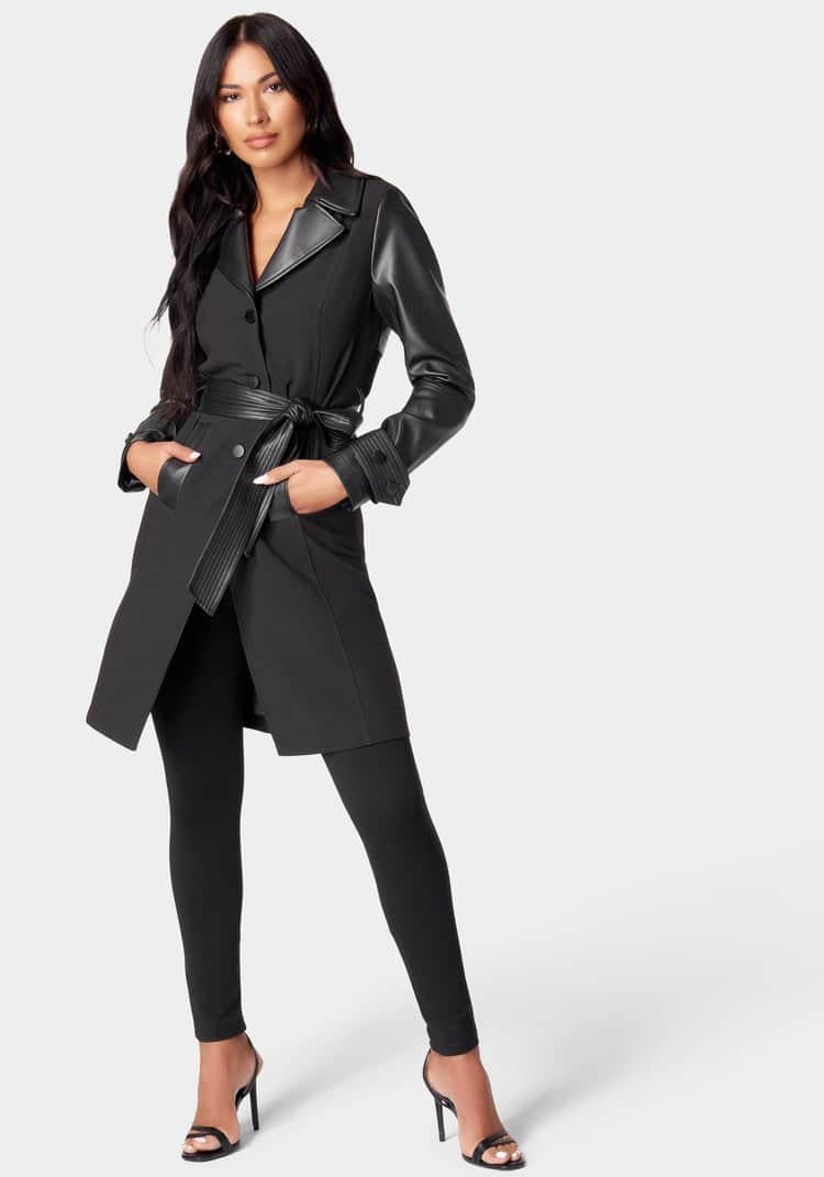 Vegan Leather Combo Woven Twill Trench Coat_107877_BLACK_01