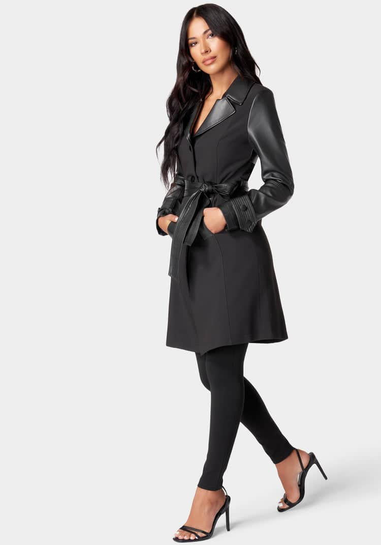 Vegan Leather Combo Woven Twill Trench Coat_107877_BLACK_02