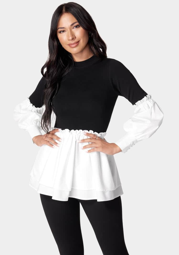 Poplin Combo Mock Neck Sweater_107878_Black-White Alyssum_01