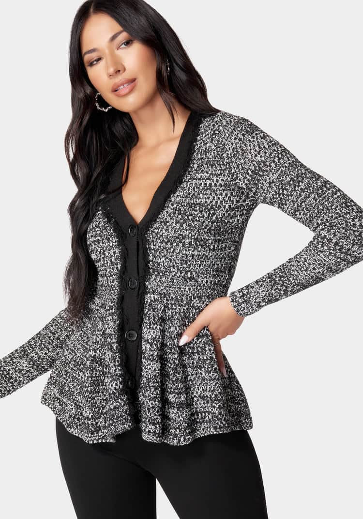 Tweed Peplum Sweater Cardigan_107879_Black-White Alyssum_01