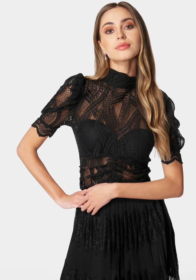 Puff Sleeve Ruched Waist Lace Top_107888_BLACK_01