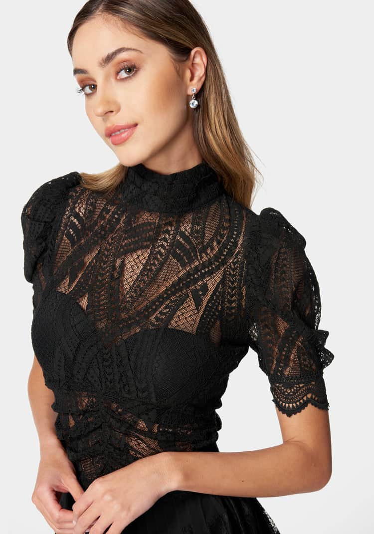 Puff Sleeve Ruched Waist Lace Top_107888_BLACK_04