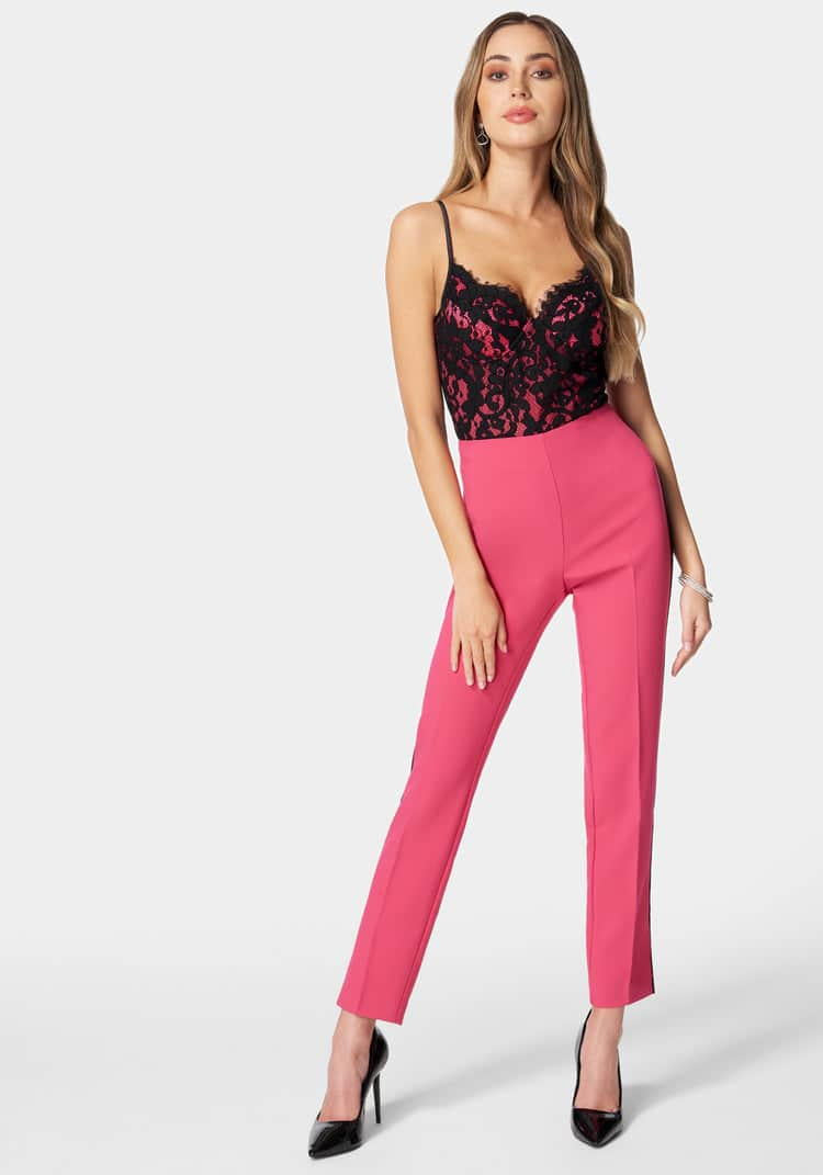 2 Piece Lace Bustier And Slim Leg Twill Pant_107909_RASPBERRY SORBET-BLACK_01