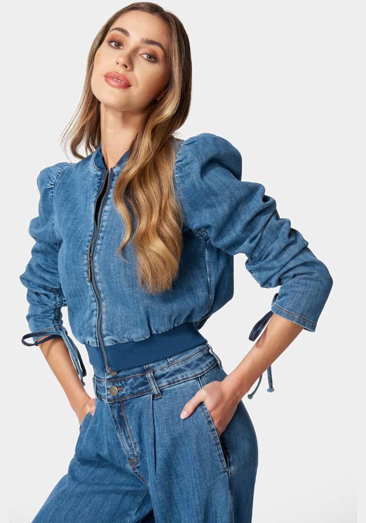 Zip Front Ruched Sleeves Denim Jacket_107912_MEDIUM BLUE WASH_02
