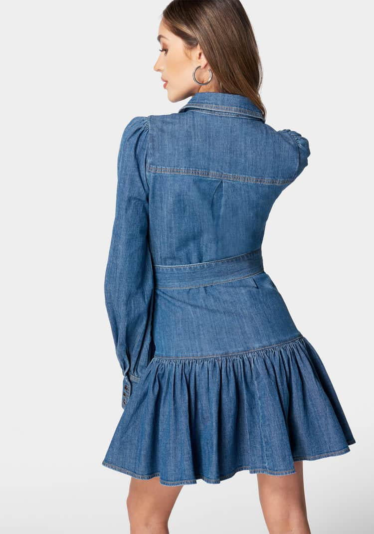 Balloon Sleeves Fit And Flare Denim Dress_107916_MEDIUM BLUE WASH_03