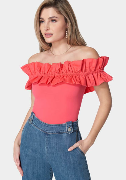 Off Shoulder Poplin Ruffle Knit Bodysuit_107938_Hibiscus_01